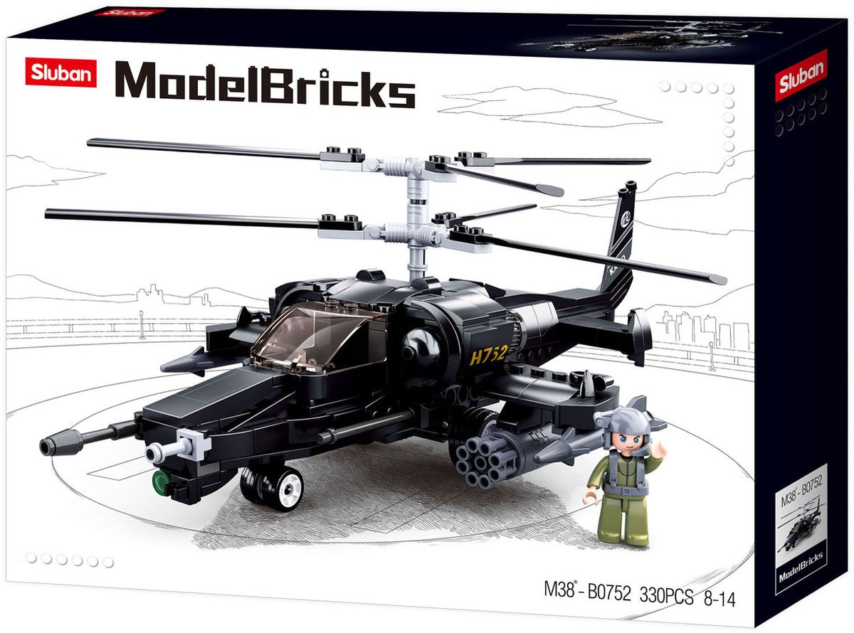 Sluban Modellsteine Angriffshubschrauber Bauspielzeug – Konstruktionsspielzeug – Bauset mit 330 Bausteinen – M38-B0752 – ab 8 Jahren