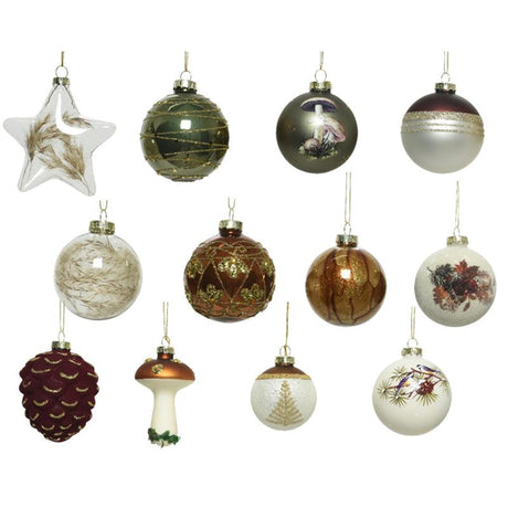 Decoris Christmas baubles mix glass 12 pieces natural