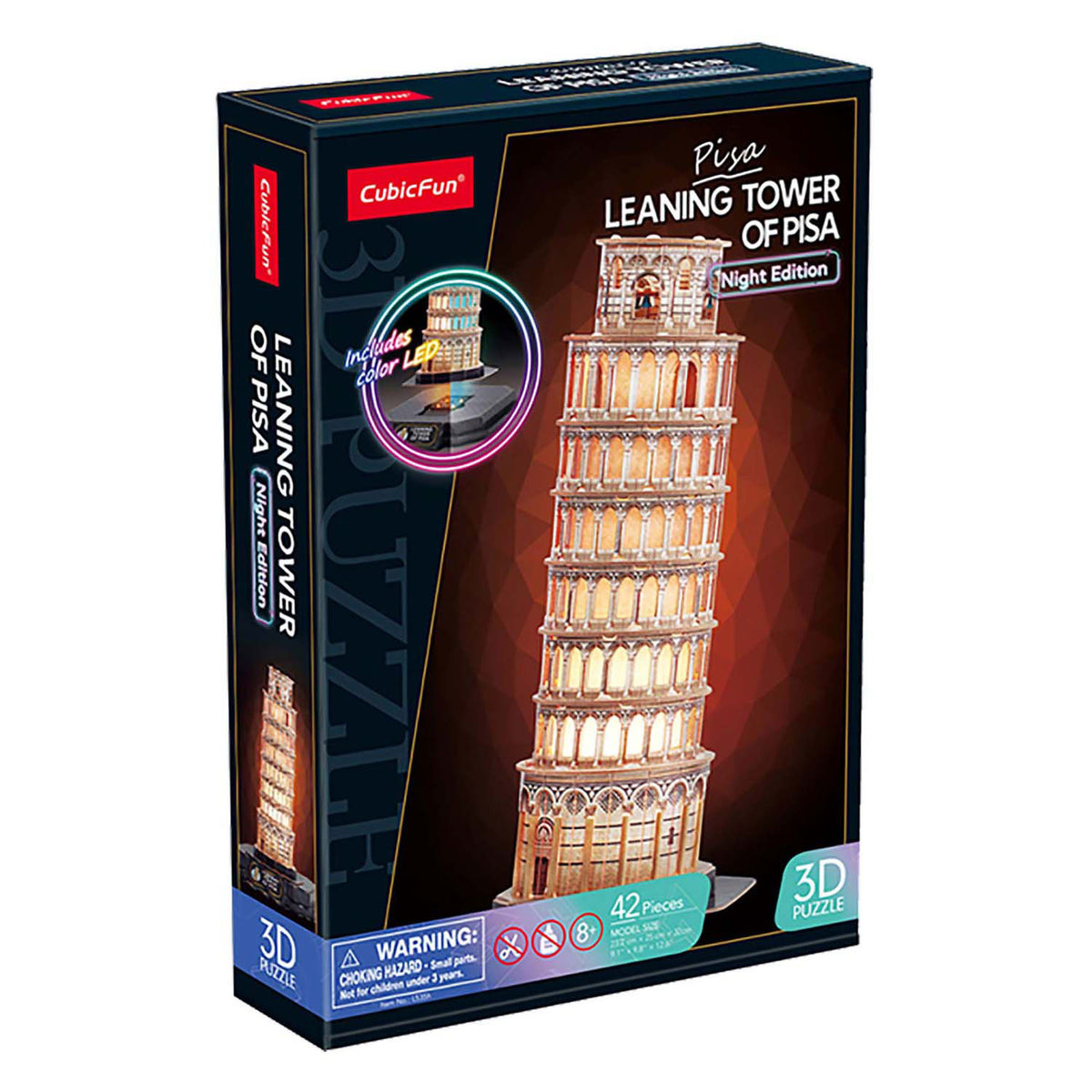 Krychlové zábavné 3D puzzle Tower of Pisa s LED osvětlením