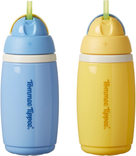 Tommee tippee insulated active straw cup – 2 pieces – 266 ml – leak-proof water bottle for toddlers 12m+ - blue and yellow