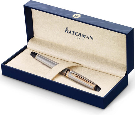 Caneta rollerball especialista Waterman | aço inoxidável com borda em ouro 23k | ponto fino | tinta preta | caixa de presente