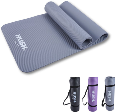 Hush sport - yogamat 180 x 60 cm - 8 mm dik dempend nbr - voor yoga, pilates fitness - inclusief handige draagband - lichtgewicht en oprolbaar - grijs