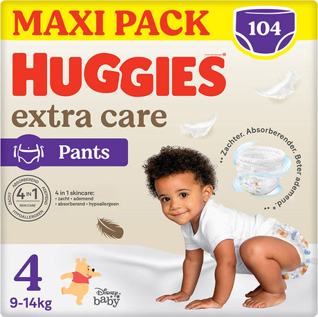 Huggies ® extra care baby diaper pants, size 4 (9 to 14kg), 104 diapers with soft elastic waistband and Disney designs, maxi pack