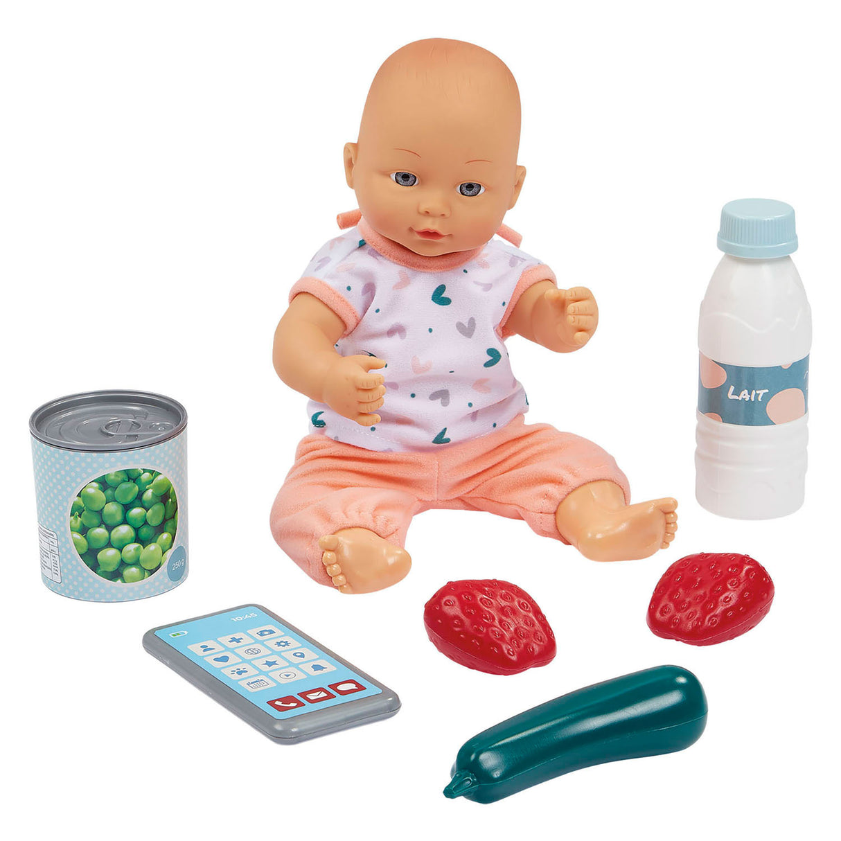 Ecoiffier vert azur filled shopping cart with baby doll - 8 pieces.