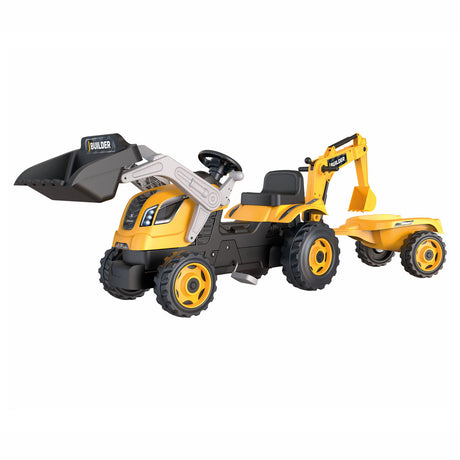 Smoby Builder Max Excavator Pedal Tractor with Trailer Yellow
