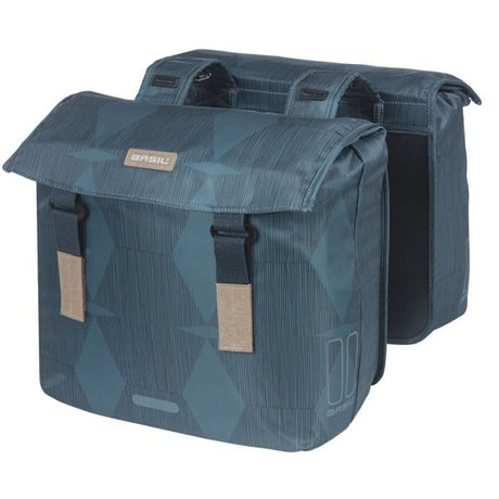 Basil Elegance double pannier, blue, recycled PET, lined, water-resistant closure, Universal Bridge, 40-49L
