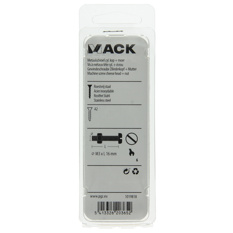 Mack 1019818 - metaalschroef cyl. kop + moer rvs 12 st m3x16 | 10 stuks
