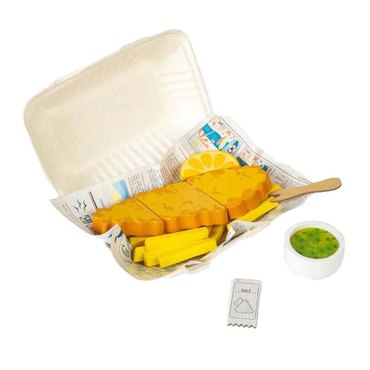 Bigjigs wooden fish and chips play set, 26 pieces.