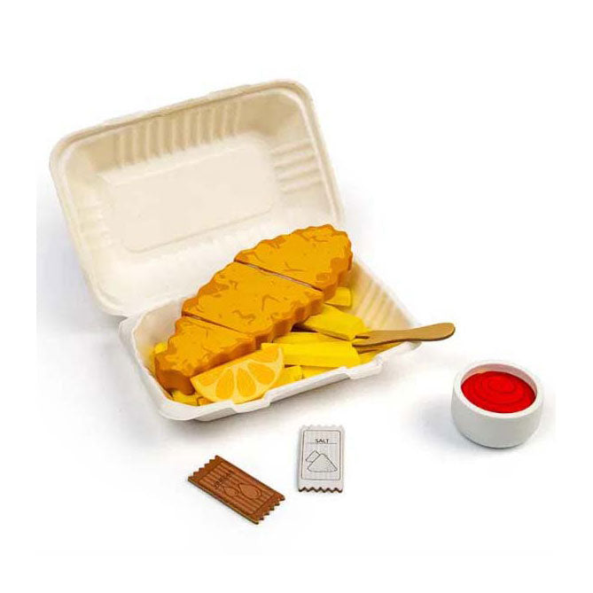 Bigjigs wooden fish and chips play set, 26 pieces.