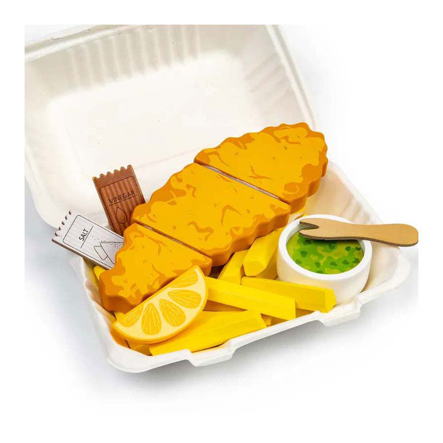 Bigjigs wooden fish and chips play set, 26 pieces.