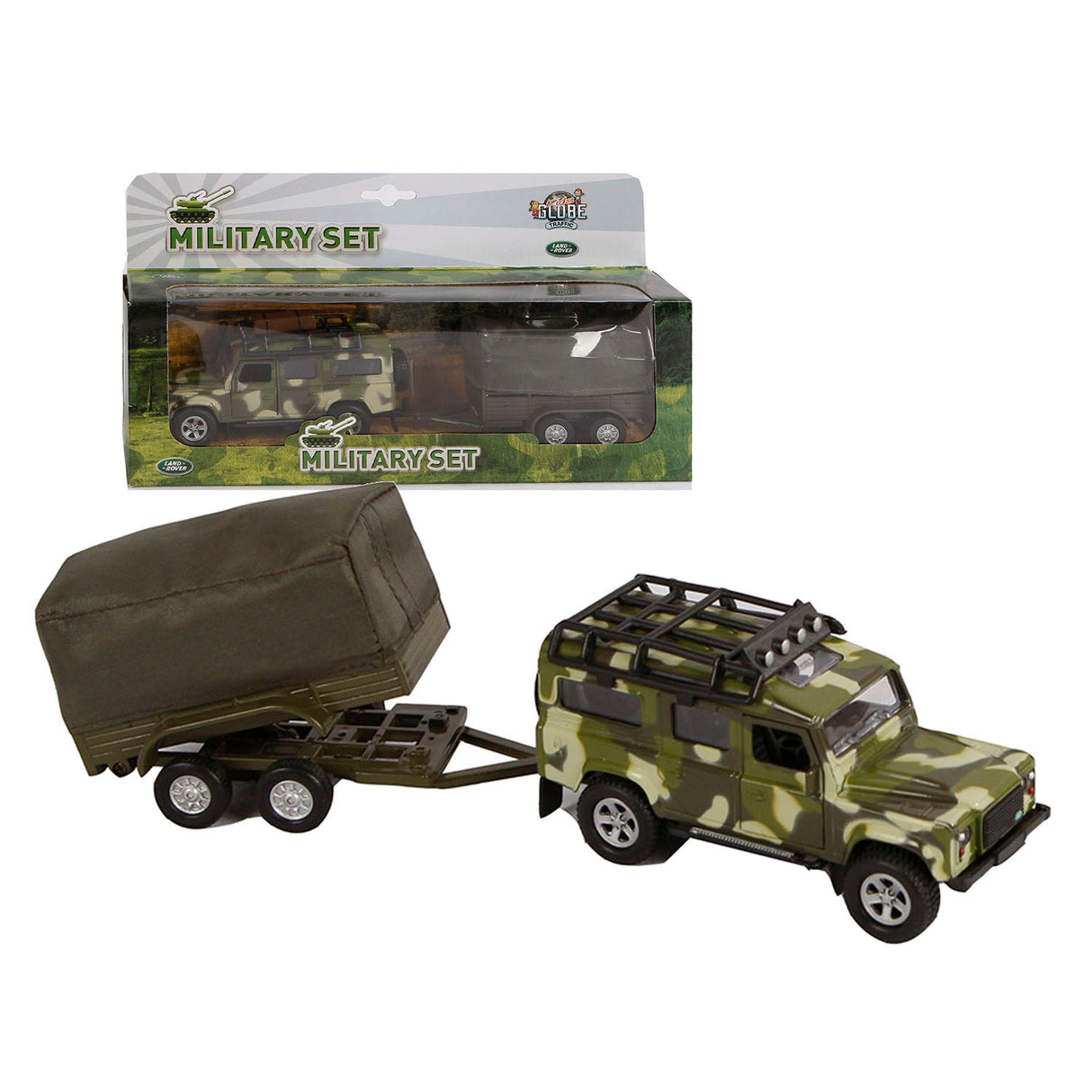 Kids globe land rover with trailer military die cast pb 27cm