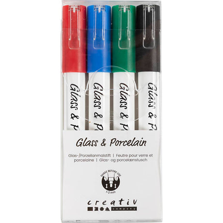 Firma Creativ https: www.cchobby.nl Markery szkło-porcelana-grubość linii-1-2-mm-półkryjąca-czarna-niebieska-zielona-czerwona-4-częściowa-1-pudełko