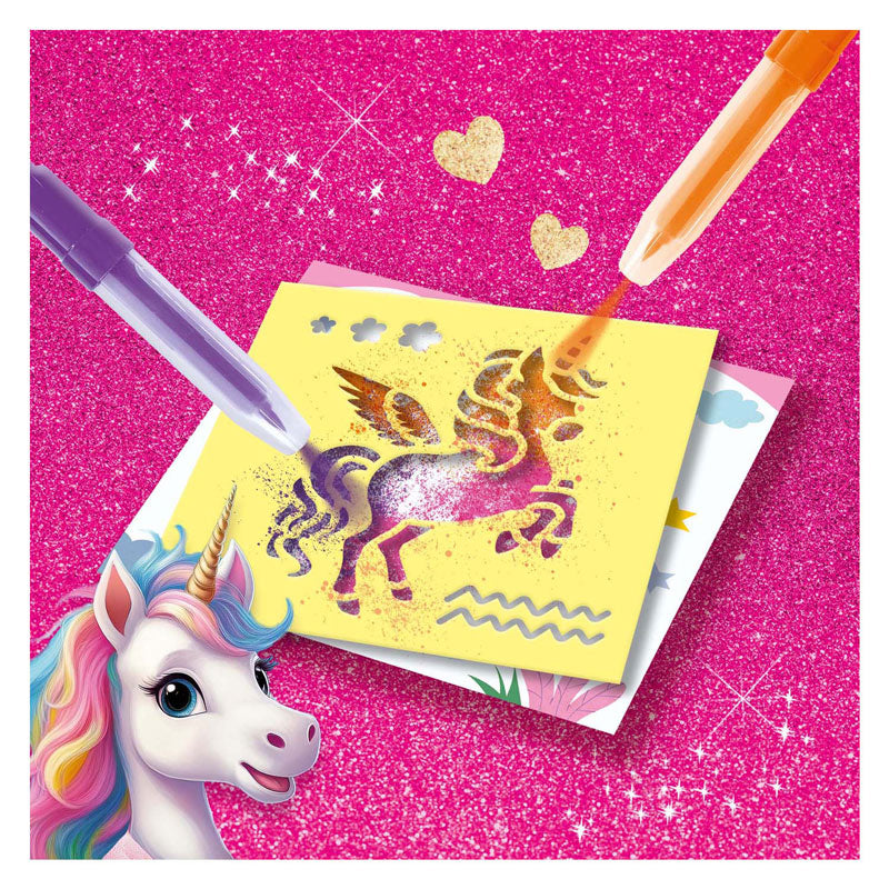 Ses creative - unicorn - pinn scuaba aeir séideadh - ceardaíocht cailíní - 12 chárta datha - in-nite ó éadaí - ó 5 bliana