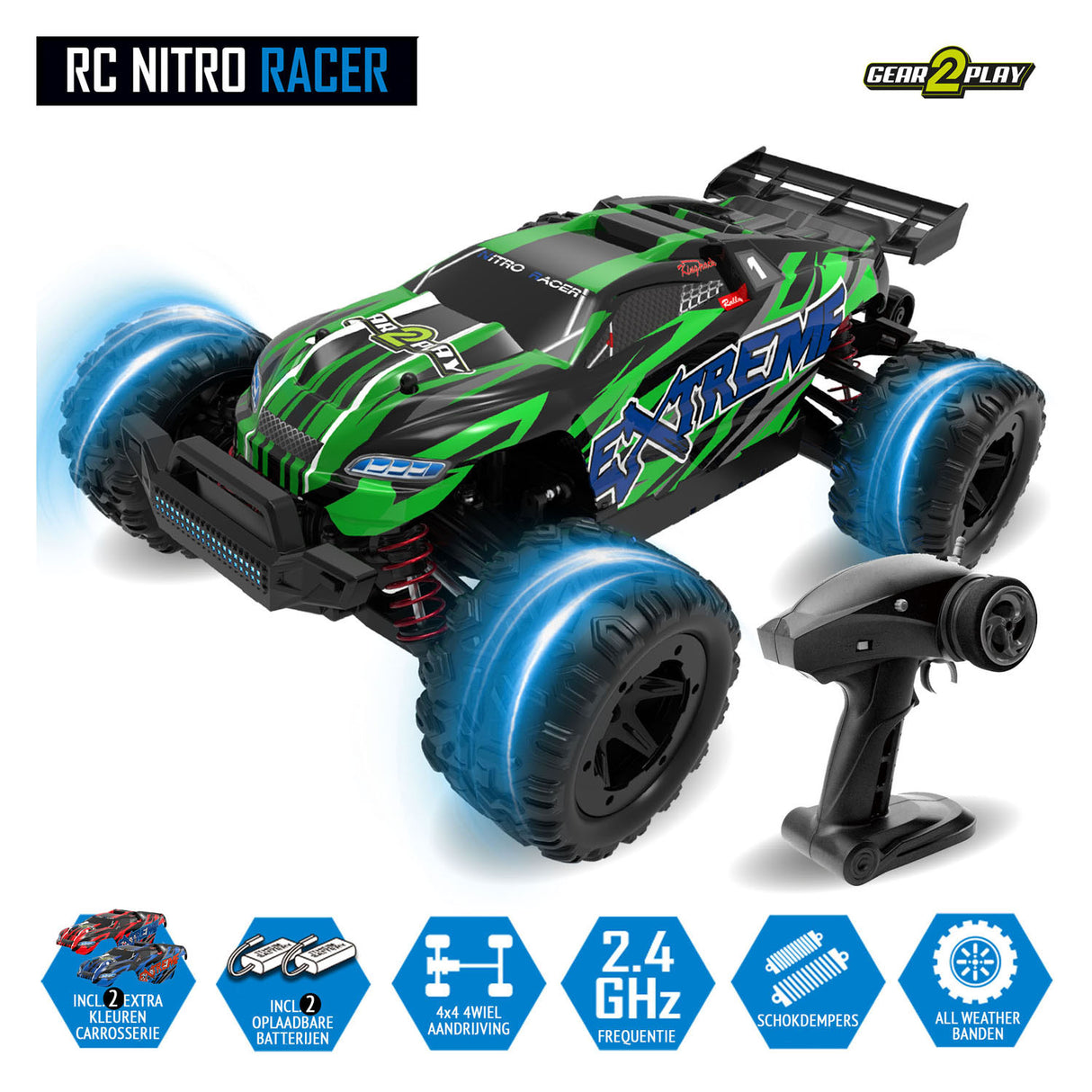 Gear2play rc nitro racer terreinwagen 1:18 - incl. 2 oplaadbare batterijen - high speed 35 km u - all weather terreinbanden