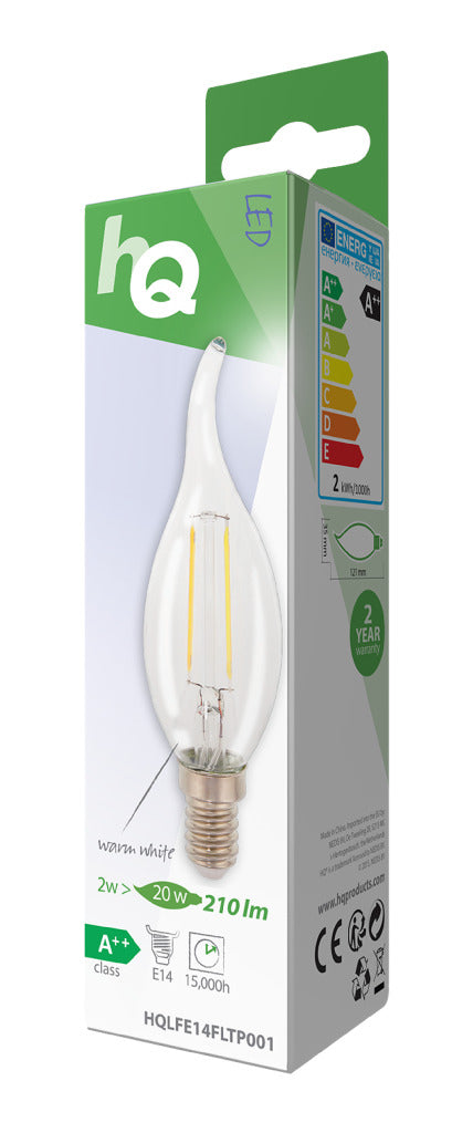 HQ LFE14FLTP001 LED Retro Filament Lamp E14 Curved Candle 2W 210LM 2700K