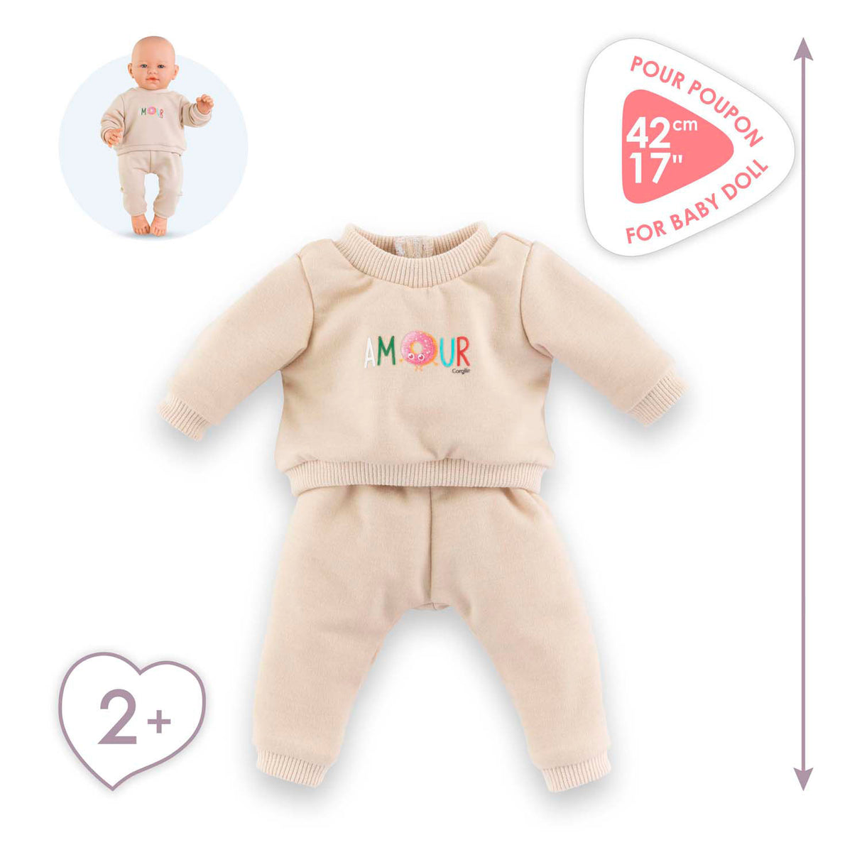 Corolle baby doll träningsoverall - beige outfit för docka 42cm.