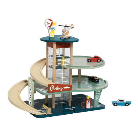 Classic world wooden vintage garage toys with cars and elevator, 11 pieces.