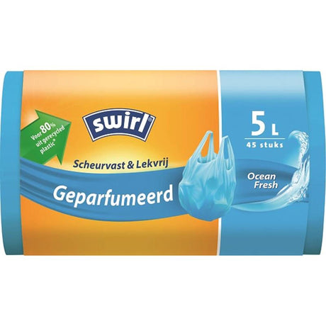 Swirl Pedal Dreckskëscht Sak parfüméierter mat Handle 5 Liter Roll vun 45 Poschen, 80% recycléiertem Plastik