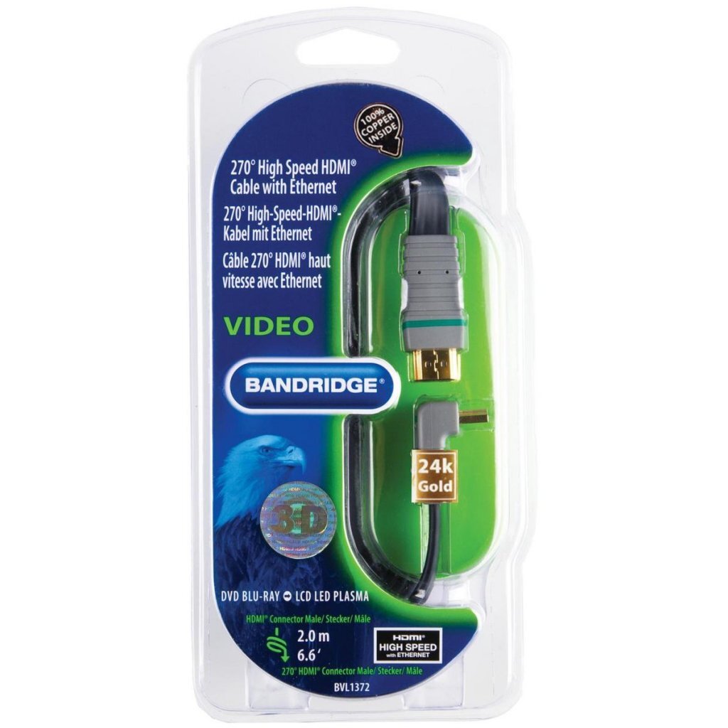 Bandridge BVL1372 HDMI de alta velocidade cabo plano de 270 graus banhado a ouro 2 m