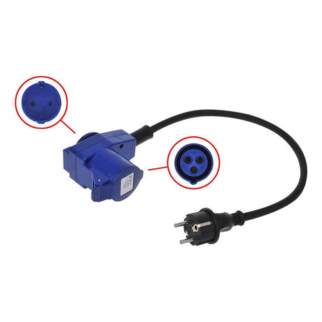 Proplus verloopkabel 40 cm schuko stekker-haakse cee contrastekker + schuko stopcontact zwart blauw
