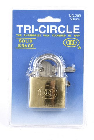 Tri-Circle padlock 50mm - Brass, 3 keys, 50mm shackle, gold-colored