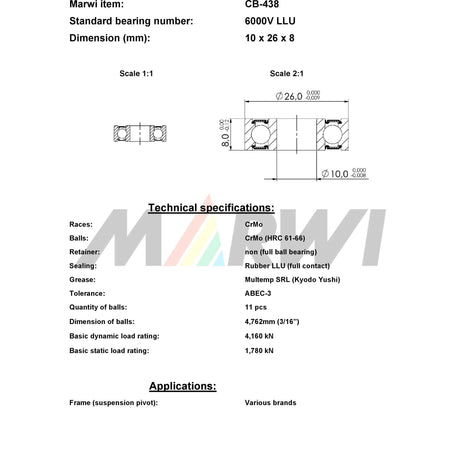 Marwi union ball bearing max CB-438 6000V LLU 10x26x8