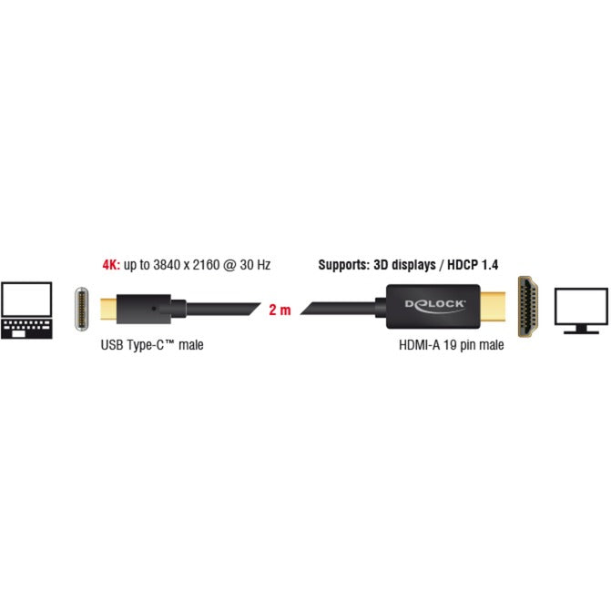 Delock USB-C (dugasz) > HDMI (dugasz) (DP Alt mód) kábel (fekete, 2 méter, 4K 30 Hz)