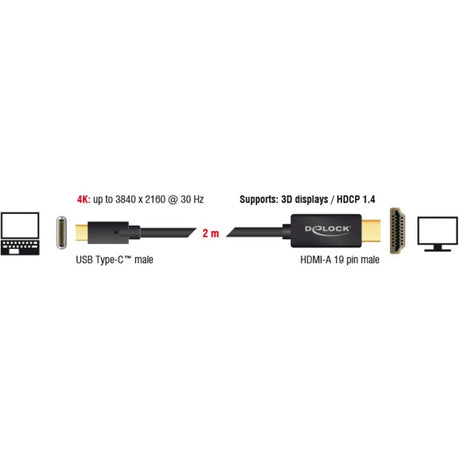 Delock USB-C (männlech) > HDMI (männlech) (DP Alt Modus) Kabel (schwaarz, 2 Meter, 4K 30 Hz)