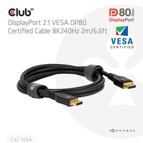 Club 3D certifikovaný kabel displayport 2.1 Vesa DP80 (černý, 2 metry, 8k 240hz, 10k 60hz, 80gbps)