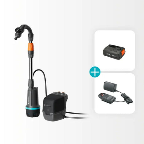 Gardena Battery Rain Barrel Pump 2400 Comfort Automatic 18V P4A Ready-to-use Set incl. Battery and Charger (Dark Grey Black, 14605-20 | Pump | Battery | Charger | Tube and Connection)