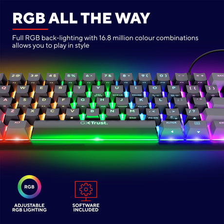 Trust GXT 867 Acira 60% mini mechanical gaming keyboard (black, US layout (QWERTY), Outemu Red, 60%, RGB)
