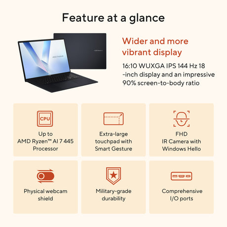 Asus vivobook 18 m1807ga-s8004w 18 laptop (blauw | ryzen ai 7 445 | radeon 840m | 32 gb | 1 tb ssd)