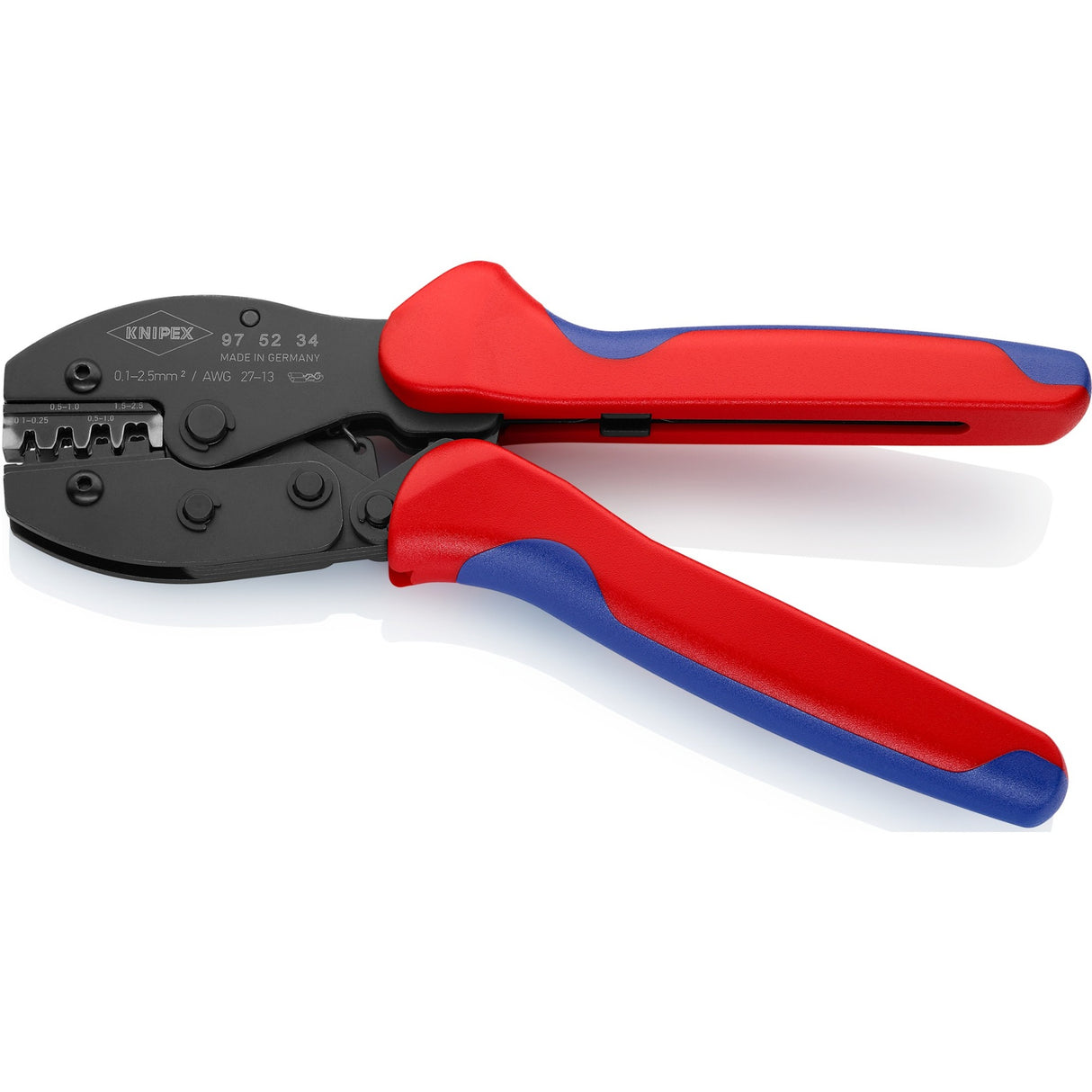 Lisovací kleště Knipex preciforce 97 52 34 sb (červená modrá, izolační, lisovací 0,1 - 2,5 mm²)