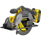 Scie circulaire manuelle Stanley fatmax v20 18v (jaune noir, étui, 2 batteries (2,0ah) et chargeur (4a) inclus)