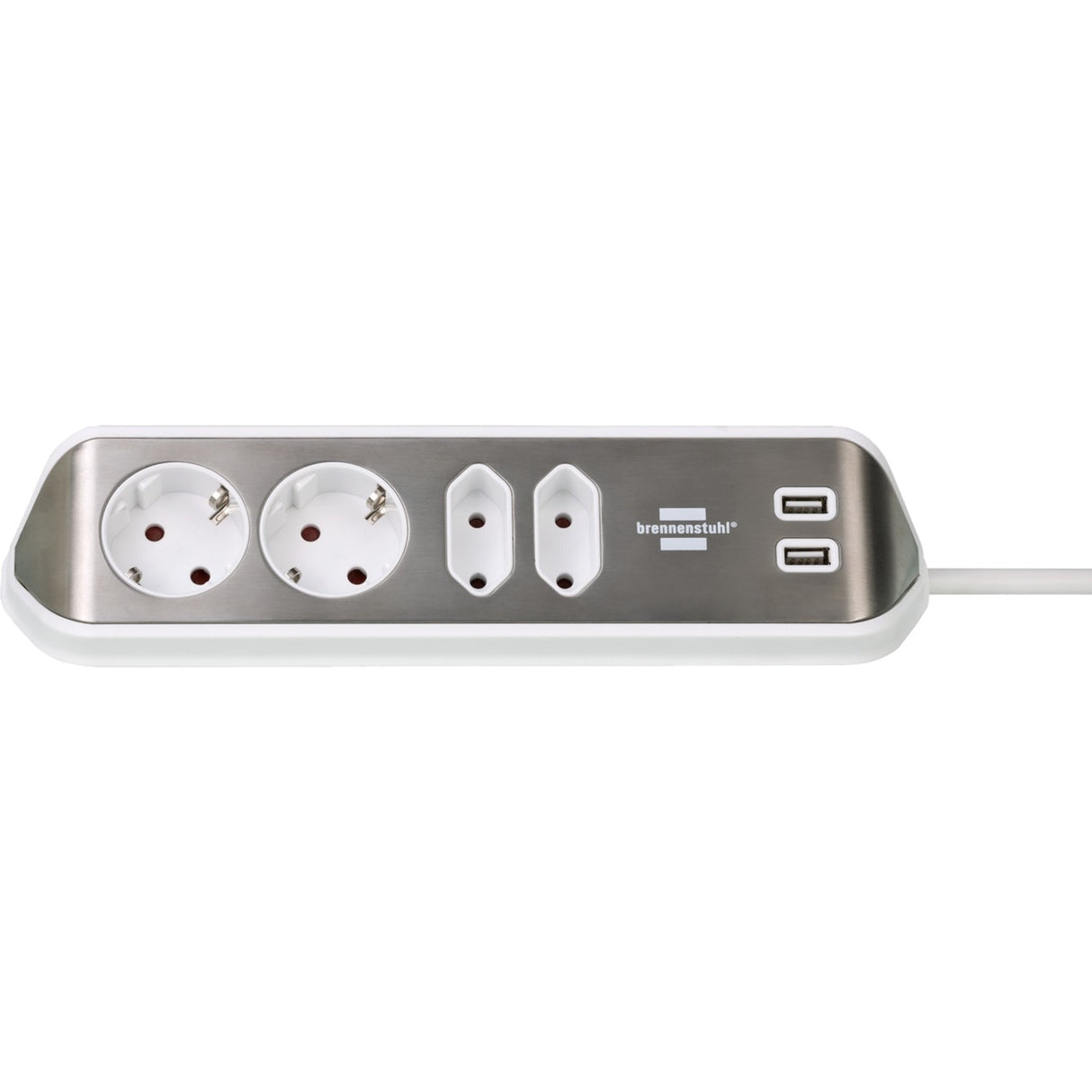 Brennerstuhl ®estilo narożna listwa przyłączeniowa z funkcją ładowania USB 4-kierunkowa 2x gniazda ochronne 2x euro srebrno-białe